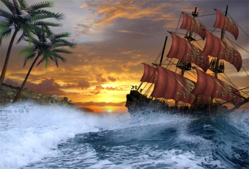 AOFOTO 5x3ft Pirate Party Backdrop Background for Photography Vintage Corsair Pirate Sailing Ship Roaring Sea Waves Ocean Island Nautical Adventure Backdrop Decorations Boys Birthday Photo Props - Image 1
